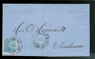 Meget pent brev stempla FREDRIKSTAD 1869