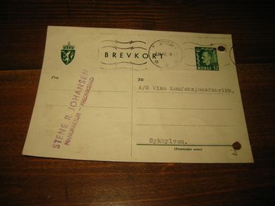 Brevkort til Viko Konfeksjonsfabrikk, FREDRIKSTAD, 9.11.56.