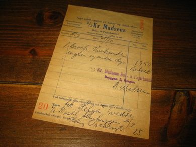 Kvitering fra Kr Madsen Bergen 60 tallet