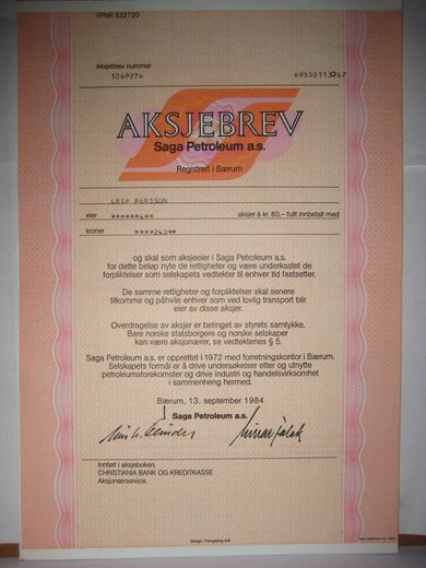 SAGA PETROLIUN, 4 aksjer, 1984, aksjebrev  nr 1069776