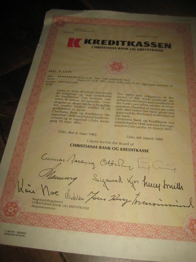 1985, KREDITKASSEN. 3 AKSJER A NOK 100.-