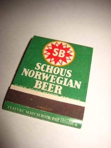 Strøken ubrukt reklamefyrstikkeske fra Schous Bryggeri 40-50 tallet