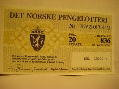 1985, trekning 836,                  DET NORSKE PENGELOTTERI.            Nr. 1320744.
