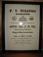 Reklameplakat fra tidleg 1900, P. T. MALLINGS BOGHANDEL, Kirkegaden 34, Kristiania.