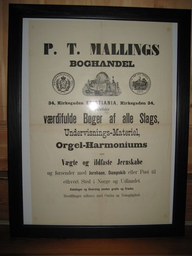 Reklameplakat fra tidleg 1900, P. T. MALLINGS BOGHANDEL, Kirkegaden 34, Kristiania.