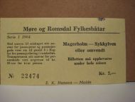 1964,serie 1, billett fra Møre og Romsdal Fylkesbåtar, Magerholm- Sykkylven eller omvendt, no. 22474