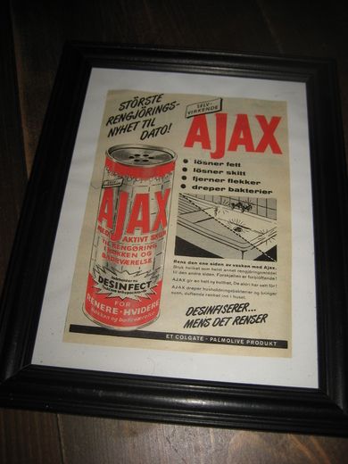 Reklame i glass og ramme,  AJAX, ca  18*23 cm stort.