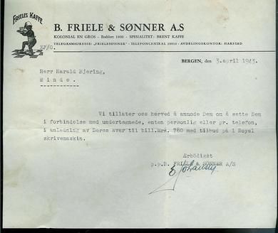 Brev fra B Friele & Sønner Bergen 3 april 1943