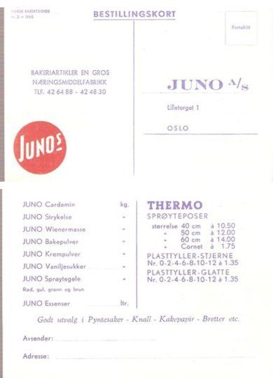 Bestillingskort for JUNO bakeri- produkter. 1960