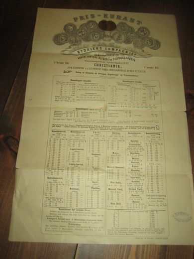 PRIS KURANT NYDALENS COMPAGNIE'S VEVERI - FARVERI - BLEGERI - SEILDUKSFABRIK, CHRISTIANIA. 1884. 