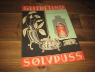 Reklameplakat i papp fra Åsheim & Midtgård, SØLVPUSS, ca 25*35 cm stor. 40 tallet. 