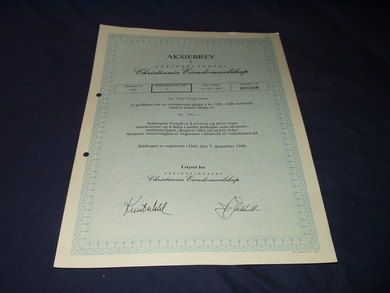 Aksjebrev i aksjeselskapet Christiania Eiendomsselskap  1968.