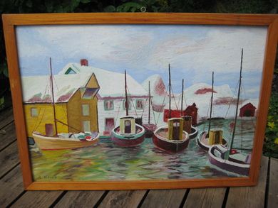 Bilde med maritimt motiv mala på plate A Nilsen