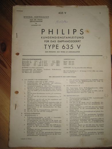Phillips service dokumentasjon for 7635V. 1939.