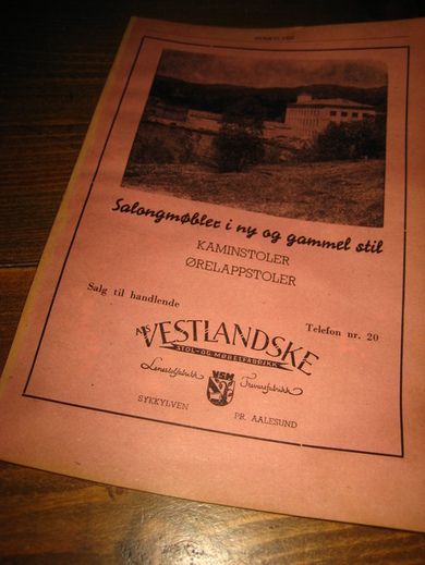 Reklame fra VESTLANDSKE Stol og Møbelfabrikk Sykkylven pr Aalesund 1952