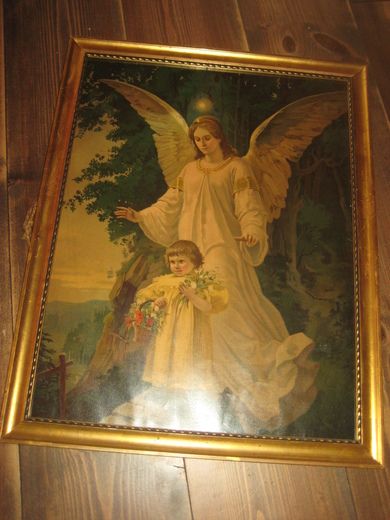 Pent englebilde i glass og ramme ca 43*55 cm stort Tidleg 1900