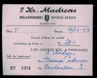 Kr. Madsen Bok & Papirhandel, BRYGGEN BERGEN. 1954