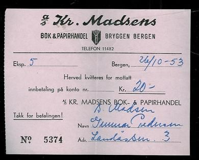 Kr. Madsen Bok & Papirhandel, BRYGGEN BERGEN. 1954
