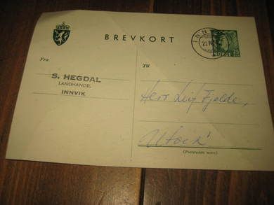 Brevkort fra S HEGDAL LANDHANDEL INNVIK 1958