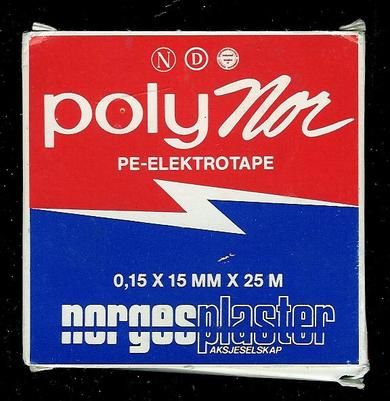 Eske med innhold Polynor Elektrotape fra 80 tallet. BLÅ
