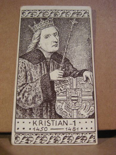 Historiske personer: Norges kongerekke, 1450 -1481, KRISTIAN 1, samlebilde fra 20-30 tallet, låg i tobakseskene på den tid.