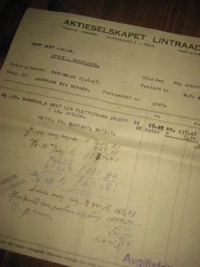 Faktura fra AKTIESELSKAPET LINTRAAD OSLO til Leif Fjelde Skoverksted Utvik 10 AUGUST 1948