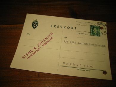 Brevkort til Viko Konfeksjonsfabrikk, FREDRIKSTAD 22.9.56.