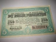 1942 DET NORSKE PENGELOTTERI 5 kr halvlodd meget pent trekning 289 nr 171924
