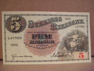 1952, 5 KRONOR, strøken seddel
