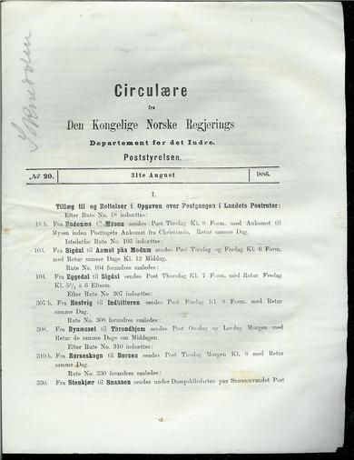 1886,nr 020, Circulære fra Den Kongelige Norske Regjerings Departement for det Indre. Poststyrelsen.