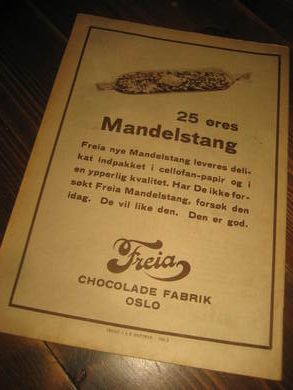 Originalreklame, ca 23*30 cm stor,  FREIA MANDELSTANG,  fra Freia Chocoladefabrik, 1926.