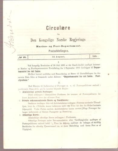 1885,nr 019, Cirkulære fra Den Kongelige Norske Regjerings Marine- og Post- Departement.