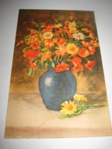 Strøkent, ubrukt kort, NORSK ARBEIDE, vase med blomster.