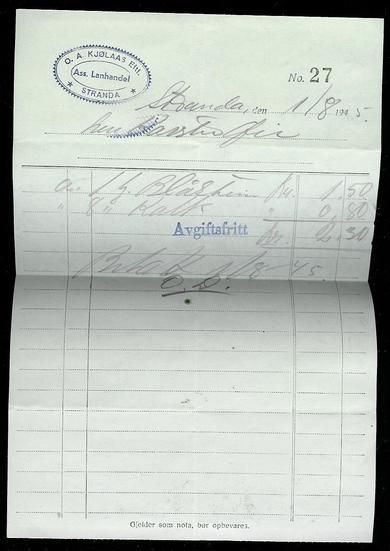 Rekning fra O A KJØLÅS ASS LANDHANDEL Stranda 1 8 1945