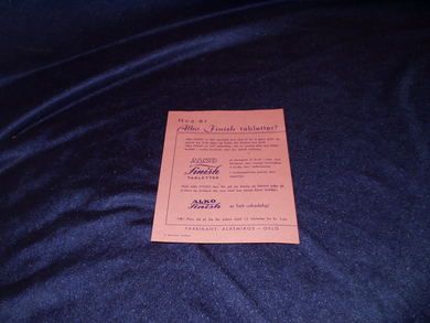 Liten salsbrosjyre for ALKO FINISH TABLETTER  fra mai 1956.
