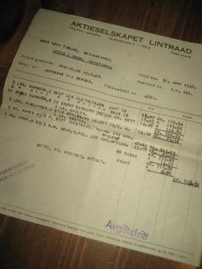 Faktura fra AKTIESELSKAPET LINTRAAD OSLO til Leif Fjelde Skoverksted Utvik 30 JUNI 1948