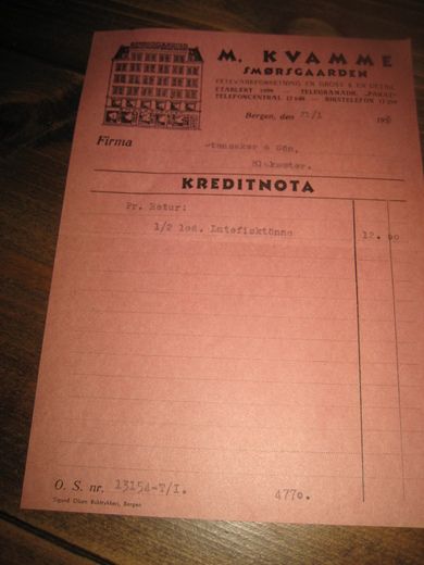 M KVAMME BERGEN KREDITNOTA 21 1 1953 13154 - T/I