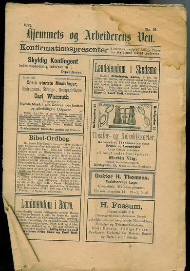 1892 nr 039 Hjemmets og Arbeidernes Ven
