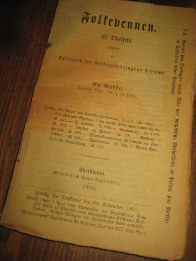 Folkevennen. Et tidsskrift. En Vinter hos Apasche Indianerne - Om Kirkens bygning i den Norske Kirke efter Omvendelsen. - Broder Bertholf fraa Regensburg - Insekter og Planter mm. 1890.