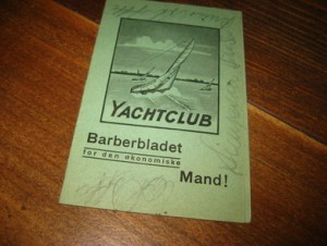 Reklamesak for barberbladet YACHTCLUB, fra eystein søberg, lillehammer, 30.40 tallet. 
