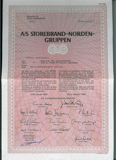 STOREBRAND- NORDEN- GRUPPEN, 1984, aksjebrev nr 68035, 35 aksjer a kr 100.-