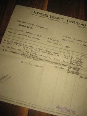 Faktura fra AKTIESELSKAPET LINTRAAD OSLO til Leif Fjelde Skoverksted Utvik 16 APRIL 1948