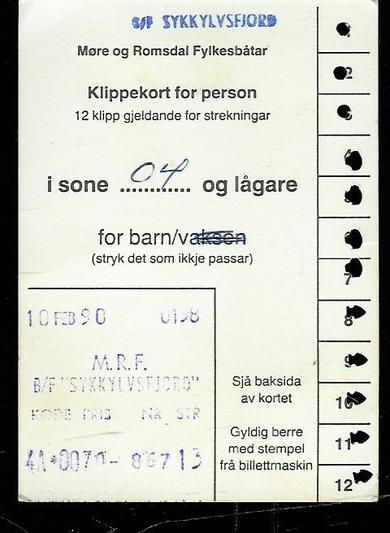 Rabattkort for person,  fra Møre og Romsdals Fylkesbåtar. SYKKYLVSFJORD         10. februar 1990