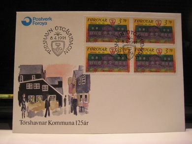 1991 8 4 Torshavnar Kommuna 125 år 4 blokk kr 3 70
