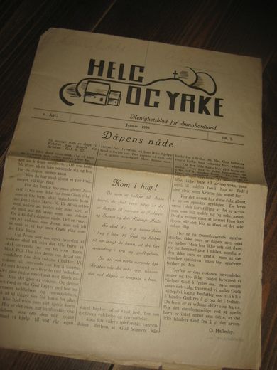 1939 nr 001 HELG OG YRKE Menighetsblad for Sunnhordland