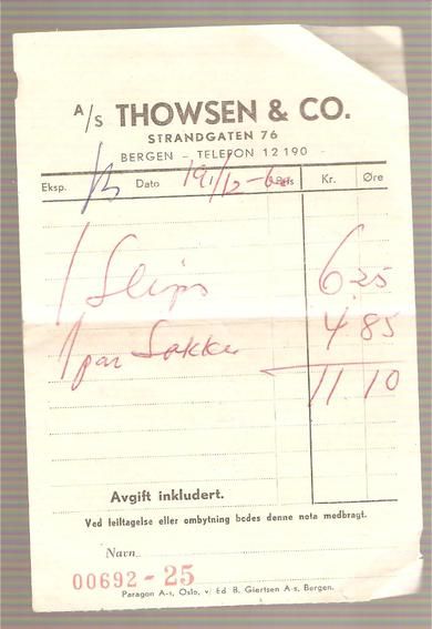 THOWSEN & CO BERGEN 19 12 1960