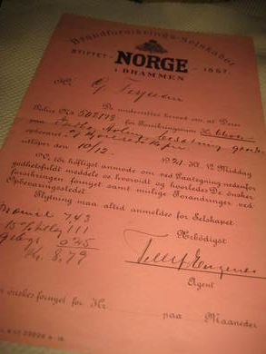 Kvitering fra BRANDFORSIKRINGSSELSKABET NORGE 10 12 1921 Polise nr 502178