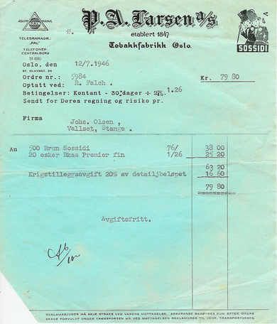 Faktura fra P. A. Larsen Tobaksfabrik  12/7 1946.