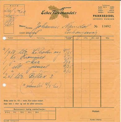 Pakkseddel fra Echers Farvehandel Bergen 1960