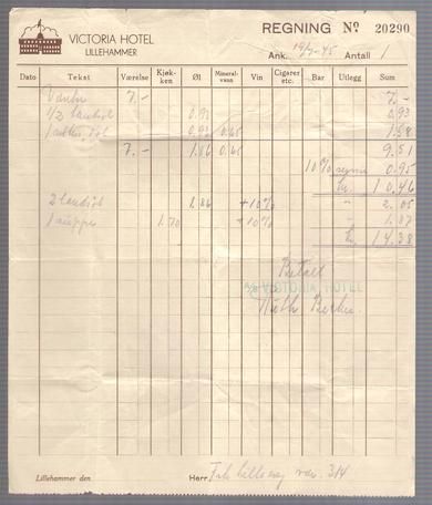 Regning fra VICTORIA HOTEL LILLEHAMMER 1945